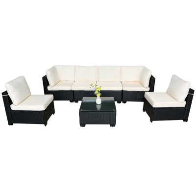 Hot Selling Seven-Piece Sofa Set Table With Sofa Chair Black PE Rattan Outdoor New Design Furniture 7-JH002 Box 3-1-2-3 With White Color Cushion
