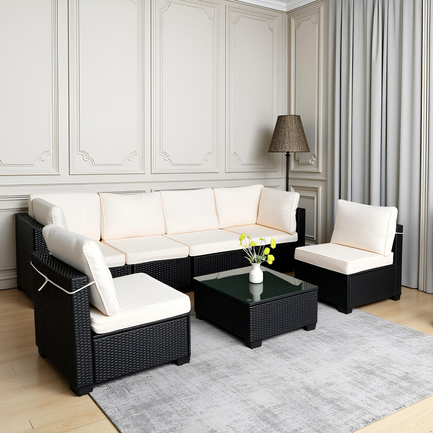 Hot Selling Seven-Piece Sofa Set Table With Sofa Chair Black PE Rattan Outdoor New Design Furniture 7-JH002 Box 3-1-2-3 With White Color Cushion