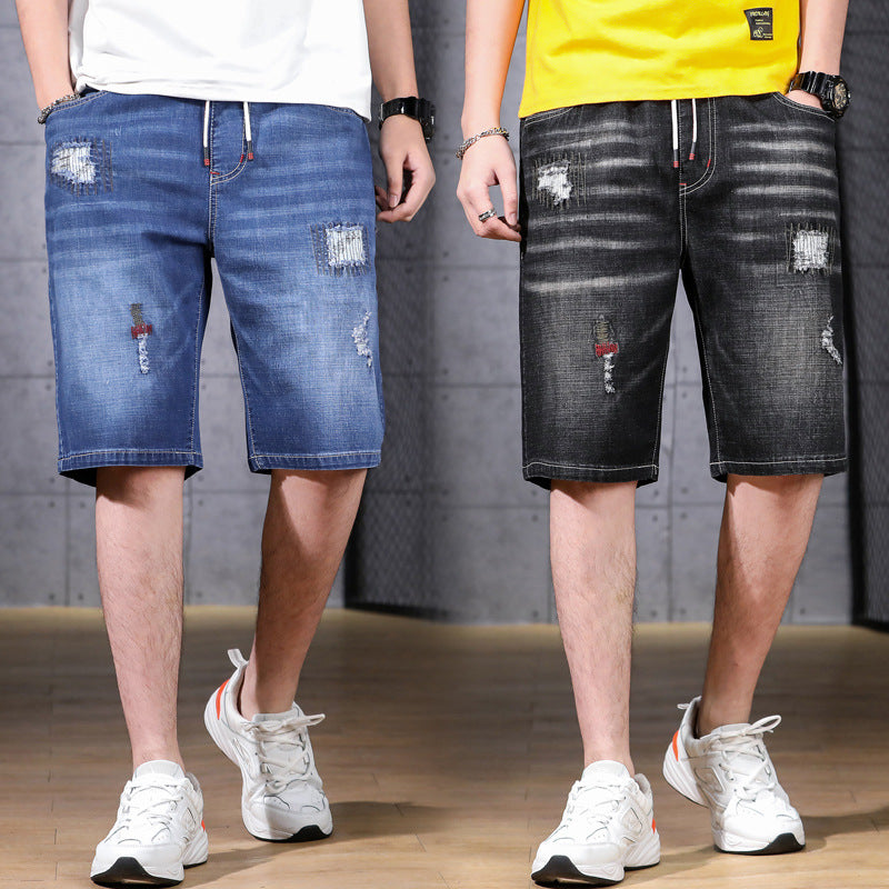 Extra-large Fat Jeans Short Men's Trousers Five-point Pants Loose Straight-leg Holes Japanese Fat Plus Fat Trousers
