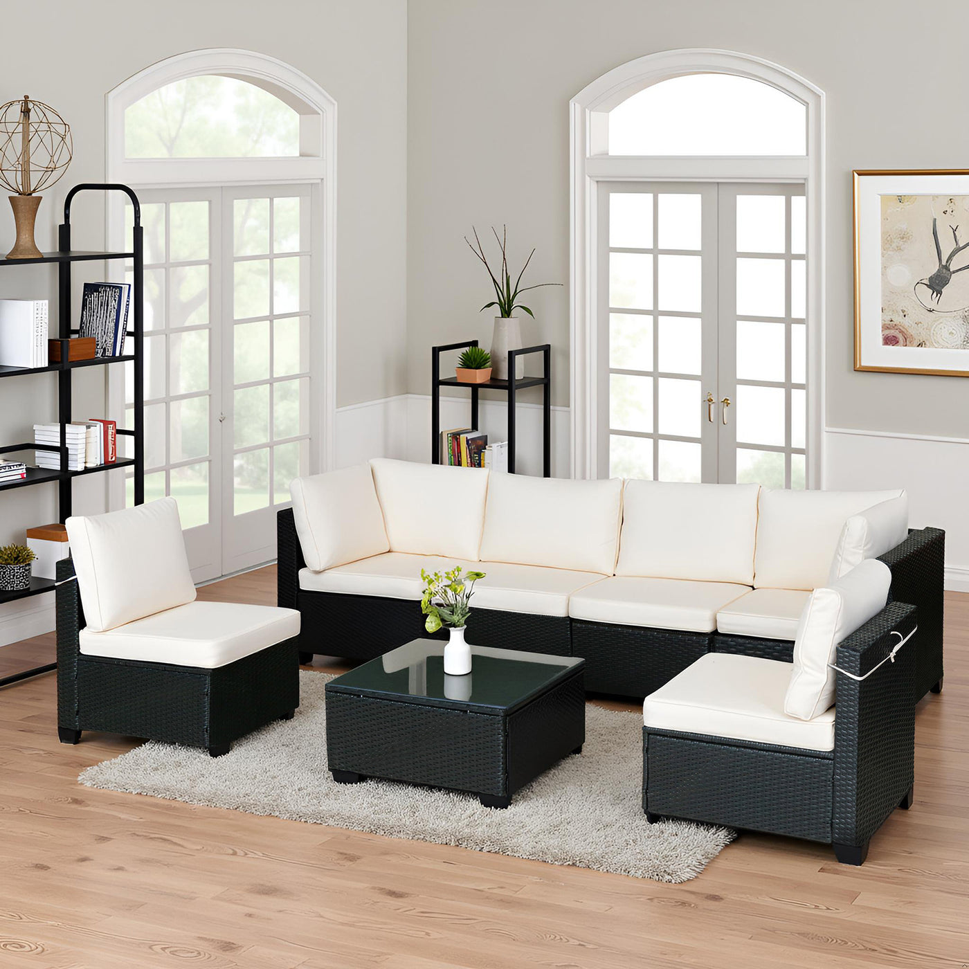 Hot Selling Seven-Piece Sofa Set Table With Sofa Chair Black PE Rattan Outdoor New Design Furniture 7-JH002 Box 3-1-2-3 With White Color Cushion