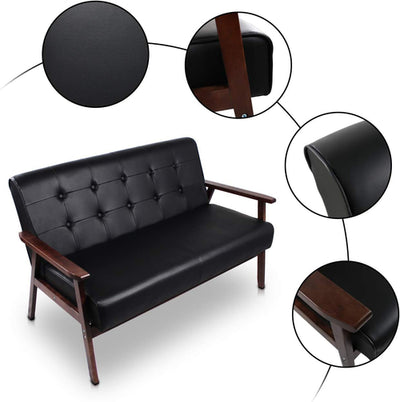 Mid-Century Modern Solid Loveseat Sofa Upholstered Faux Leather Couch