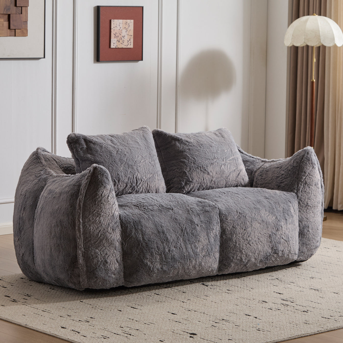 Giant Bean Bag Couch For Adults, Ultra Soft Fluffy Loveseat Bean Bag Sofa, Oversized Chase Lounge Chair Indoor For Living Room Bedroom, No Assembly Required Cozy Reading Chair With Pillows, Grey