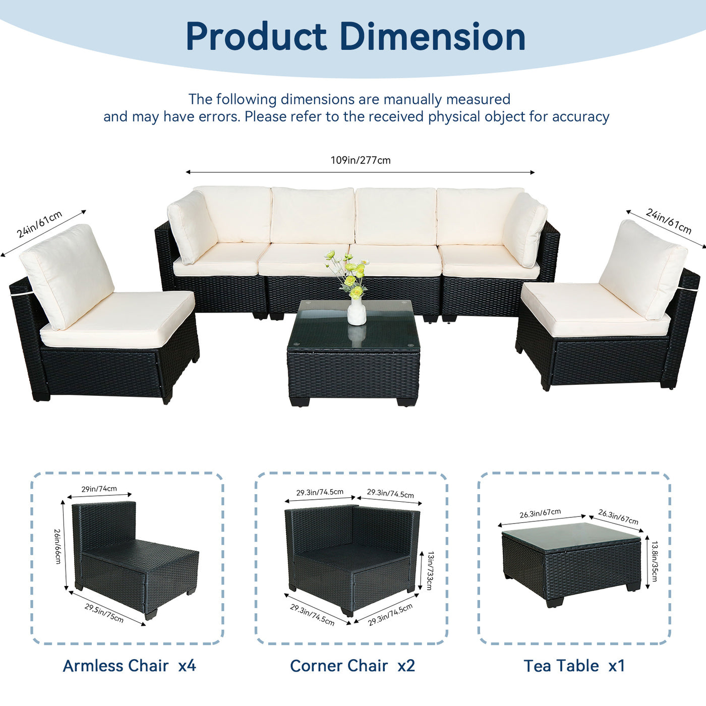 Hot Selling Seven-Piece Sofa Set Table With Sofa Chair Black PE Rattan Outdoor New Design Furniture 7-JH002 Box 3-1-2-3 With White Color Cushion