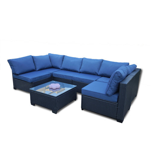 Seven-Piece Sofa Set Table With Sofa Chair Black PE Rattan Outdoor Furniture 7-JH001 Box 3-1-2-3 With Blue Color Cushion