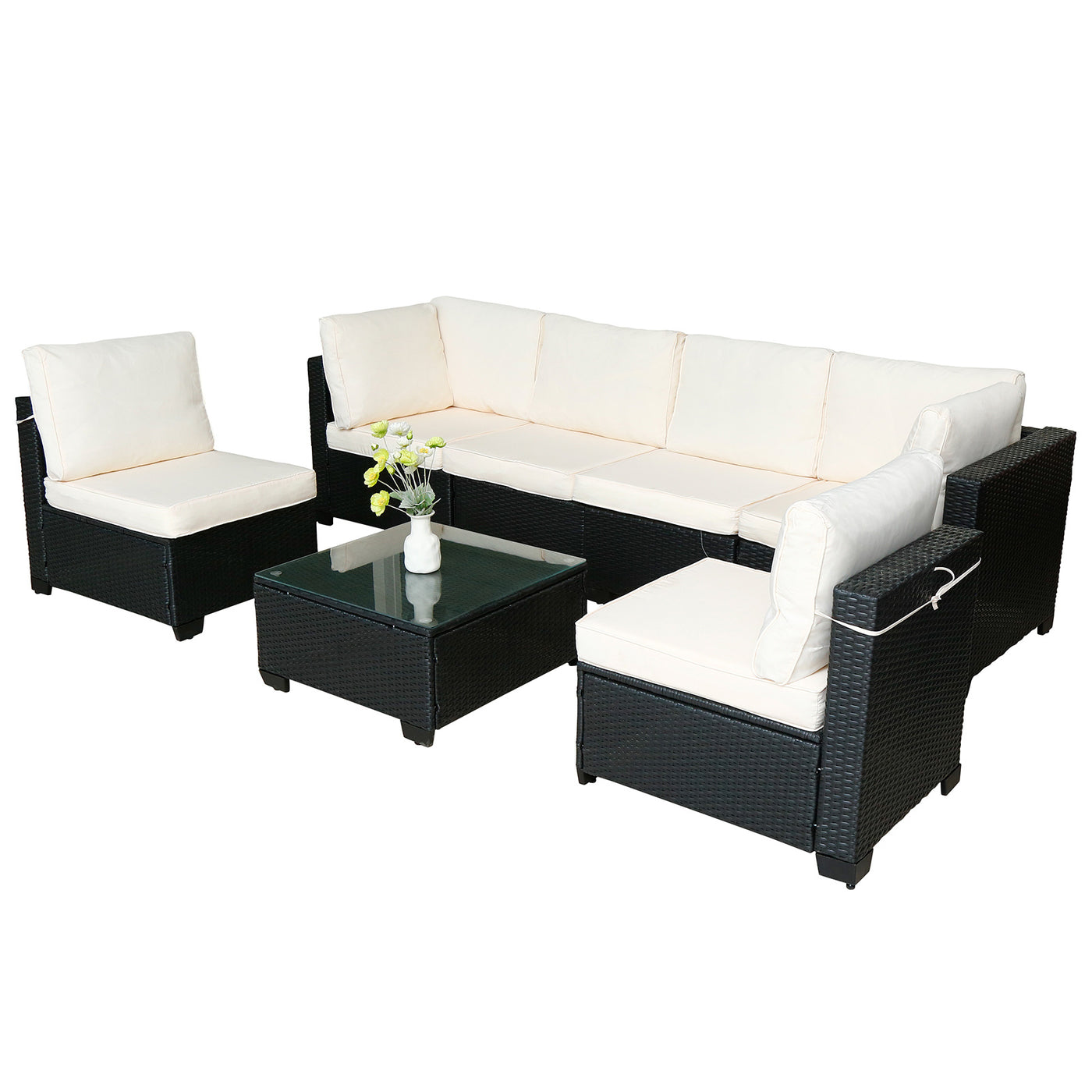 Hot Selling Seven-Piece Sofa Set Table With Sofa Chair Black PE Rattan Outdoor New Design Furniture 7-JH002 Box 3-1-2-3 With White Color Cushion