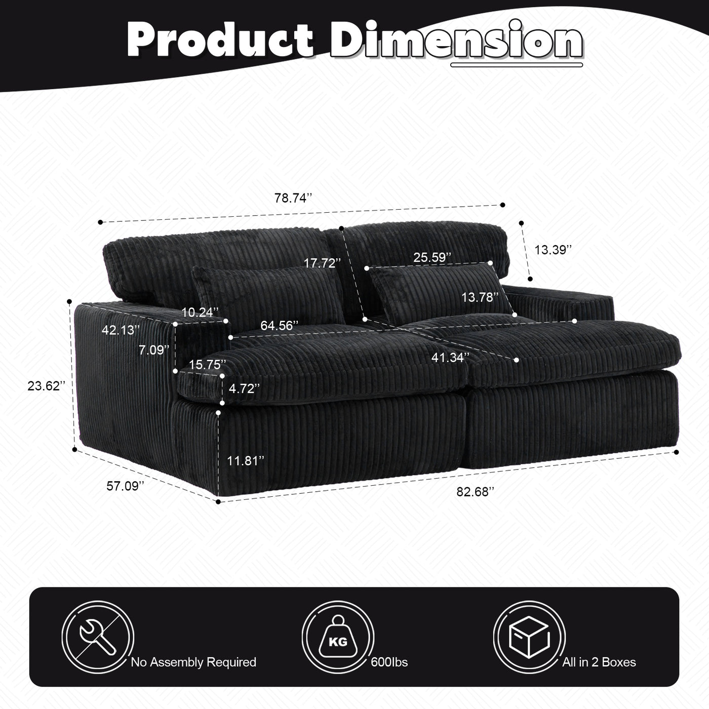 Double Chaise Lounge Chair Indoor,Oversized Upholstered Sleeper Cloud Couch,Deep Seat Luxury Sofa Bed,Sectional Sofa Chaise Love-seat,Corduroy Reading Chair For Living Room,No Assembly Required,Black