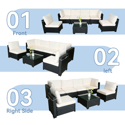 Hot Selling Seven-Piece Sofa Set Table With Sofa Chair Black PE Rattan Outdoor New Design Furniture 7-JH002 Box 3-1-2-3 With White Color Cushion