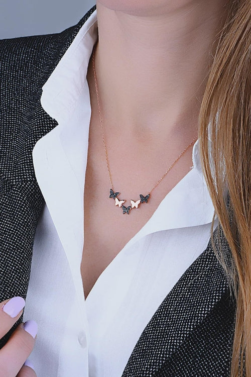 Rose Gold Butterfly Necklace Black Stone Sterling Silver Pendant