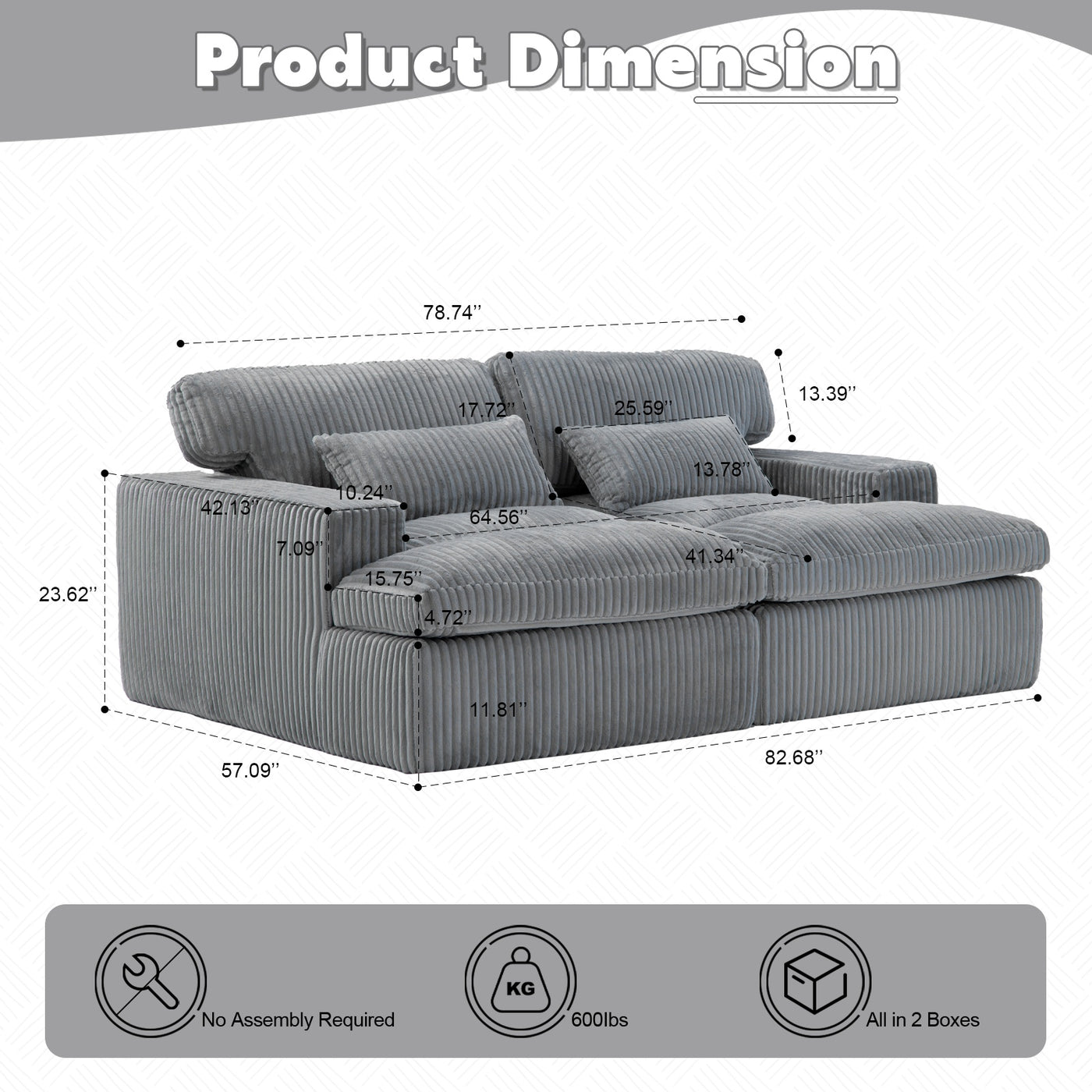 Double Chaise Lounge Chair Indoor,Oversized Upholstered Sleeper Cloud Couch,Deep Seat Luxury Sofa Bed,Sectional Sofa Chaise Love-seat,Corduroy Reading Chair For Living Room,No Assembly Required,Grey