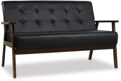 Mid-Century Modern Solid Loveseat Sofa Upholstered Faux Leather Couch
